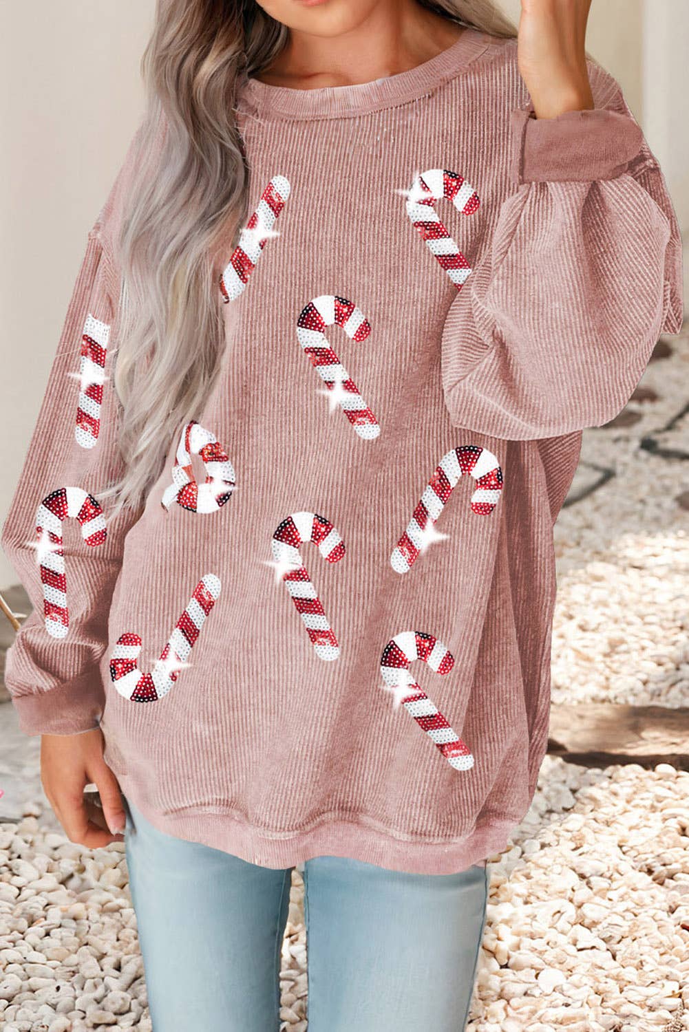 Candy Cane Sequin Corded Sweatshirt