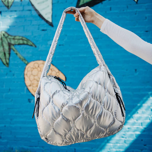 Metallic Silver Wave Quilted Puffer Tote Bag: Silver