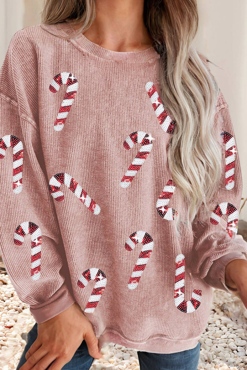 Candy Cane Sequin Corded Sweatshirt